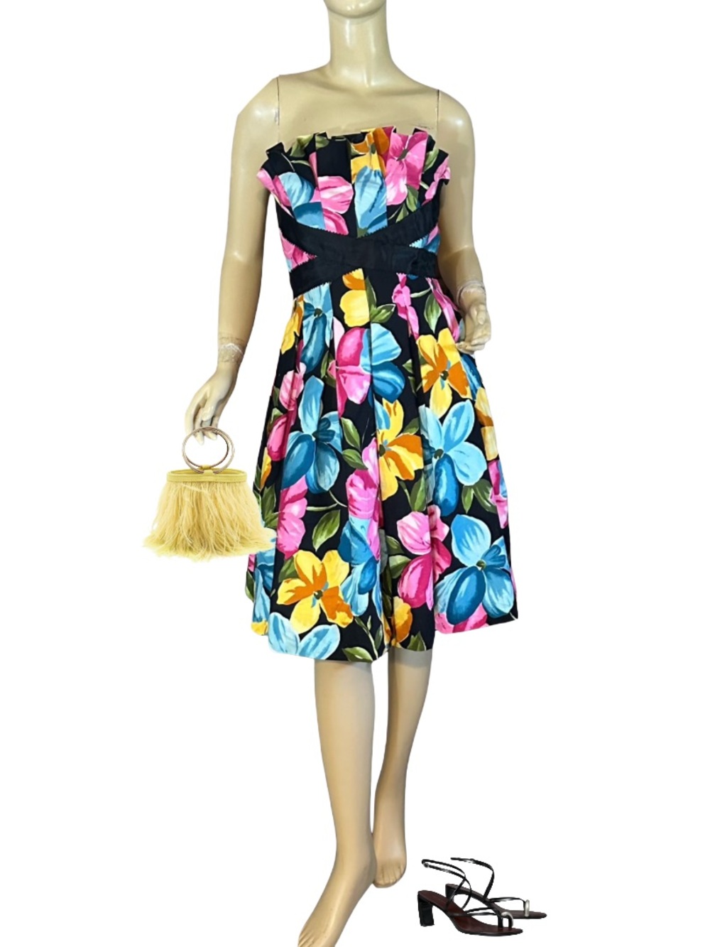 AJ BARI COLORFUL VINTAGE 1980'S STRAPLESS FLORAL PARTY DRESS (6)